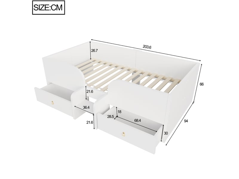  Lit enfant 90x200 cm avec 2 tiroirs et marche d’accès, blanc  - Conforama E