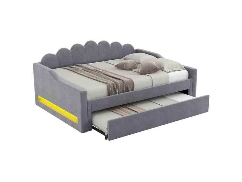  Lit banquette rembourré 140x200 cm avec led et lit gigogne, gris, cadre en bois robuste et confort moelleux  - Conforama A