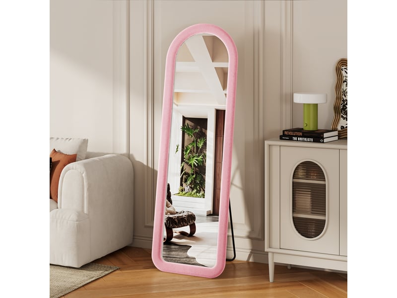  Miroir sur pied - 160 x 50 cm - rose - miroir plein pied arqué, cadre rembourré en velours, style romantique français  - Conforama C