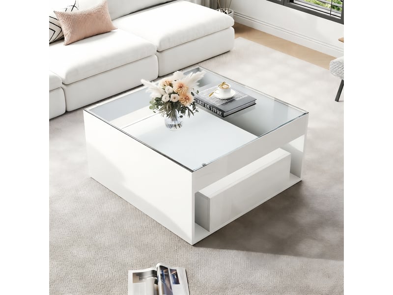  Table basse led blanche, carrée 70 x 70 x 35 cm, verre trempé, 2 tiroirs, mdf brillant  - Conforama C