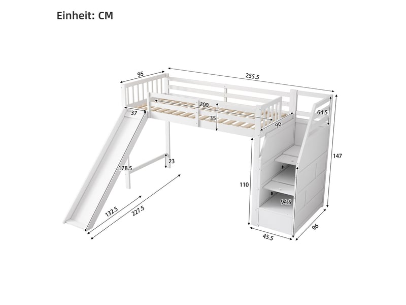 Lit mezzanine enfant 90x200cm - avec toboggan - escaliers rangement - lit mezzanine - garde-corps de sécurité - lit enfant - blanc - Conforama C