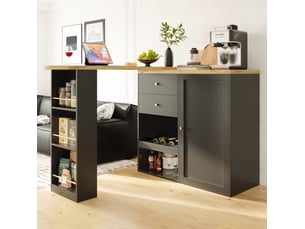 Desserte bar pivotante 138 x 39 x 102 cm noire en mdf, 2 tiroirs, porte et étagères latérales ouvertes