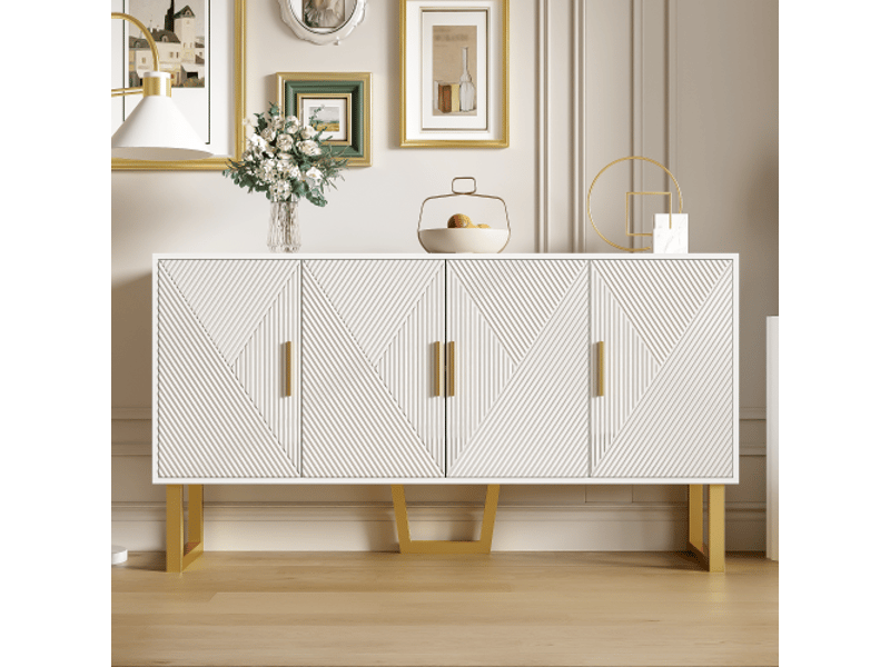  Buffet bas 150 cm blanc laqué avec 4 portes texturées et poignées dorées, bahut moderne luxe avec étagères réglables  - Conforama E