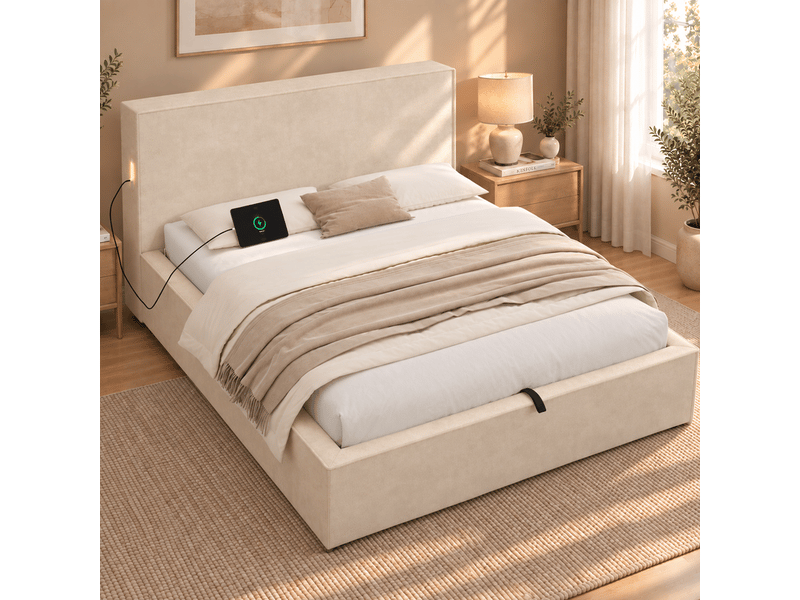  Lit coffre rembourré 120x200 cm -  avec tête de lit et sommier à lattes - rangement coffre -tissu chenille - beige (sans matelas)  - Conforama E