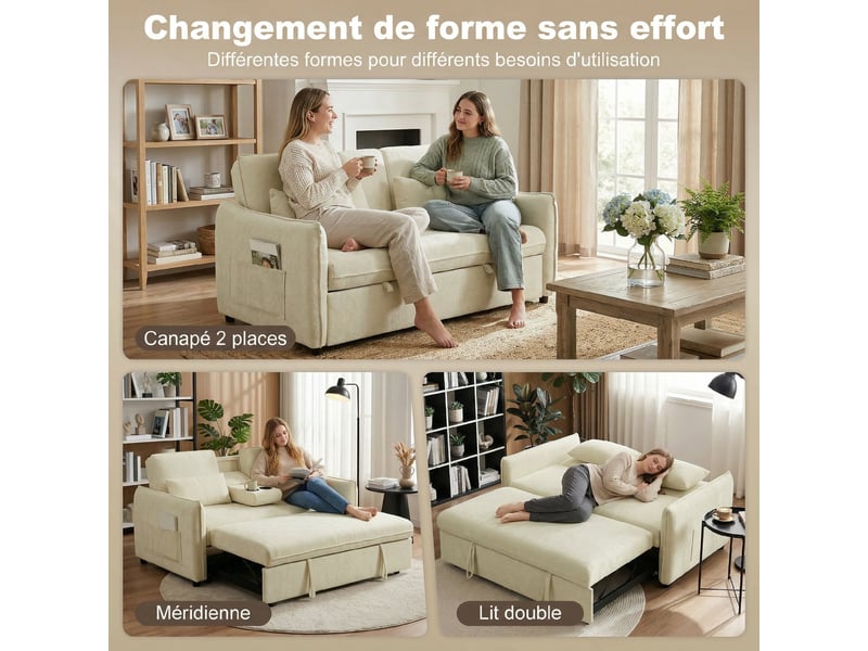  Canapé convertible 2 places 3 en 1, canapé-lit clic clac en chenille avec dossier réglable, beige, porte-gobelets  - Conforama A