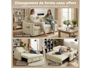 Canapé convertible 2 places 3 en 1, canapé-lit clic clac en chenille avec dossier réglable, beige, porte-gobelets
