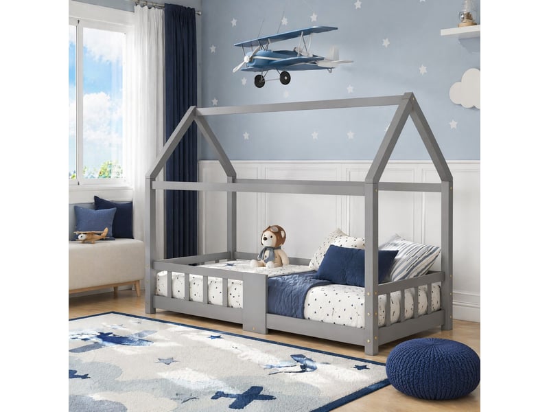 Lit cabane en pin massif, lit simple avec barrières, tableau et 15 lattes, 90 x 200 cm, sans matelas, gris - Conforama C