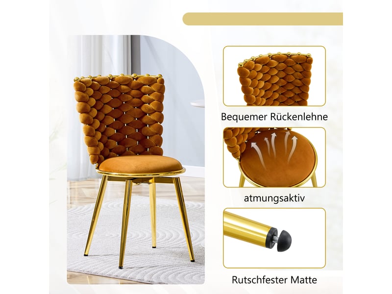 Lot de 2 chaises de salle à manger,avec dossier tressé,velours et métal doré,orange - Conforama D