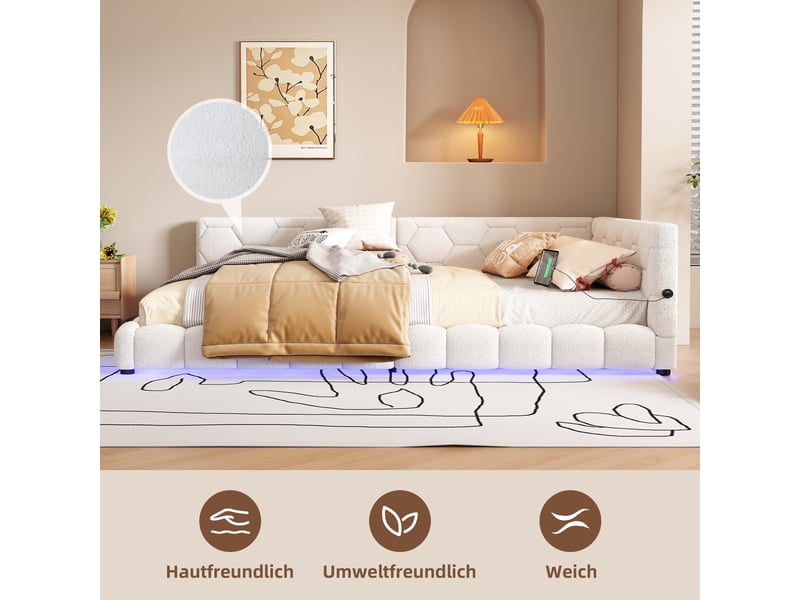  Lit banquette 140x200 canapé lit avec sommier velours blanc led 16 couleurs usb type-c  - Conforama D