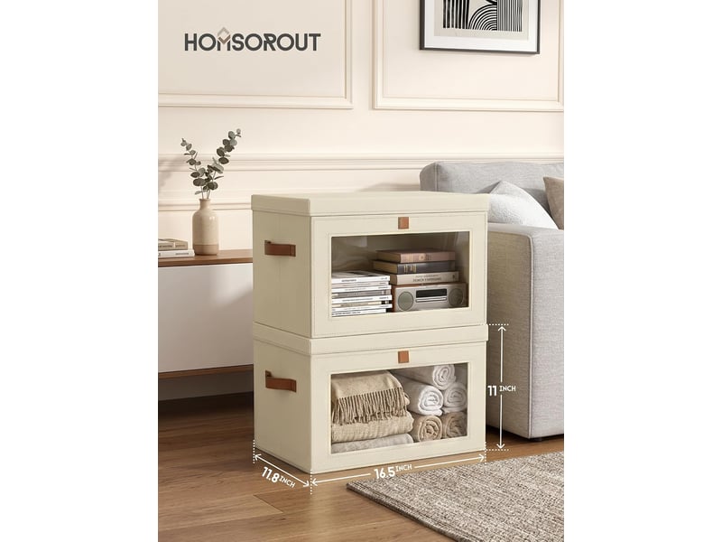  Boîtes de rangement pliables 4 pièces, organiseurs de placard en tissu avec poignées et fenêtre, beige  - Conforama E