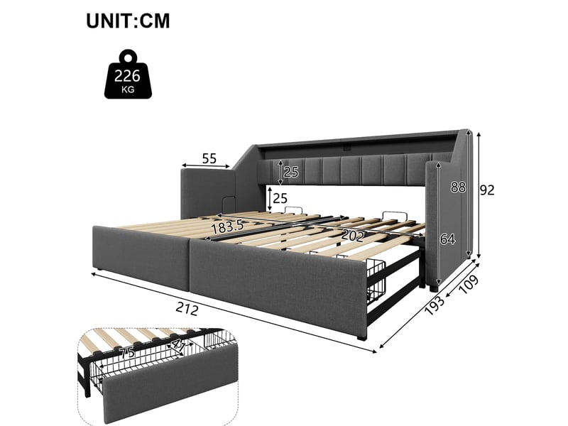 Lit enfant gigogne 90 x 200 cm design moderne, 2 tiroirs + poches, led, usb type-c, lin, mdf, gris sans matelas - Conforama C
