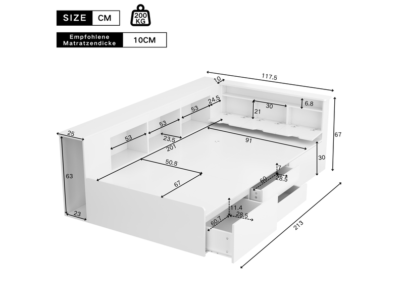  Lit enfant 90 x 200 cm avec rangements, étagères et tiroirs - blanc  - Conforama E