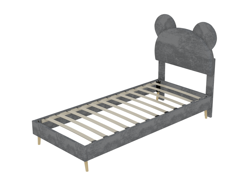  Lit enfant 90x200 cm gris en tissu et métal avec tête de lit motif cartoon  - Conforama E