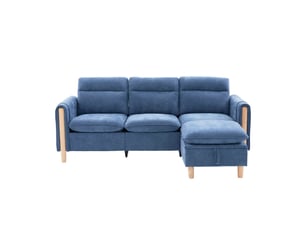 Canapé d’angle modulable 3 places 201x77x86 cm, méridienne réversible avec coffre, poches latérales, pieds en bois, style scandinave, chenille bleu