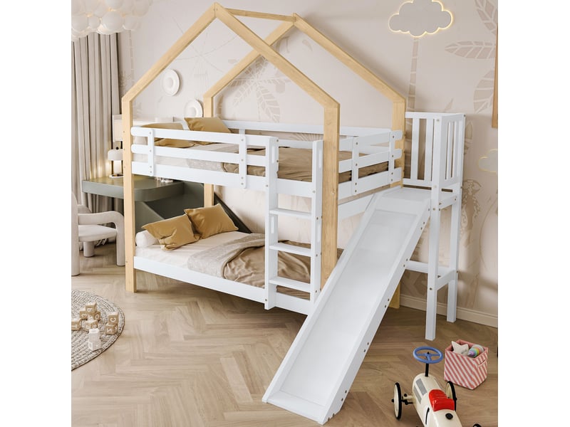  Lit superposé enfant avec toboggan blanc et naturel 90 x 200 cm  - Conforama C