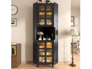 Meuble d'angle led avec 2 portes vitrées et niche ouverte, éclairage par application, noir, 63,5 × 157,5 cm