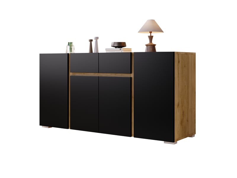  Buffet 140 x 35 x 70 cm, 4 portes et 2 tiroirs, étagères réglables, mdf noir et effet bois naturel evarich - Conforama A