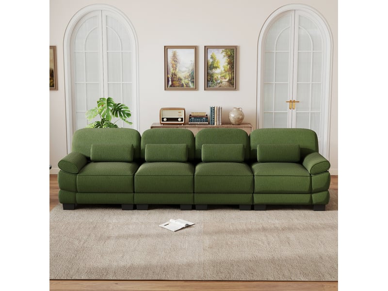  Canapé modulaire 4 places 336x88,5x94 cm, structure solide, fixations, coussins de soutien, velours côtelé, vert  - Conforama C