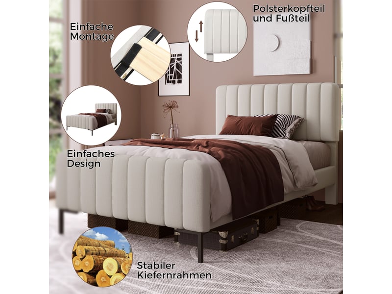  Lit simple rembourré 90x190cm avec sommier à lattes, tête de lit réglable et cadre en bois, sans matelas, tissu effet lin gris clair evarich - Conforama D