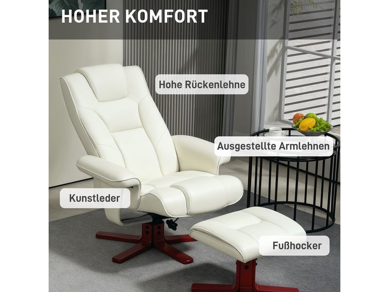  Chaise fauteuil relax pouf fonction inclinable fonction bascule dossier réglable revêtement simili cuir coloris blanc crème charge maximale 150 kg  - Conforama E