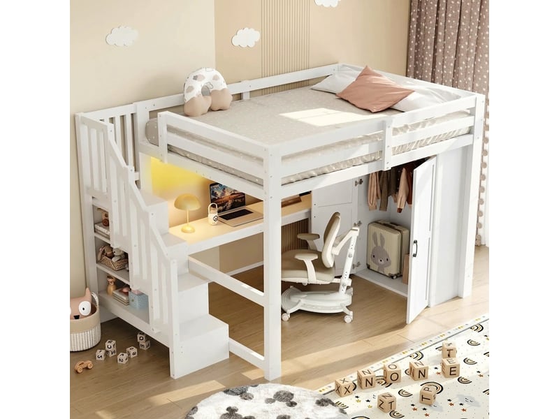Lit mezzanine 140x200 avec bureau et armoire escalier rangement led usb blanc - Conforama D