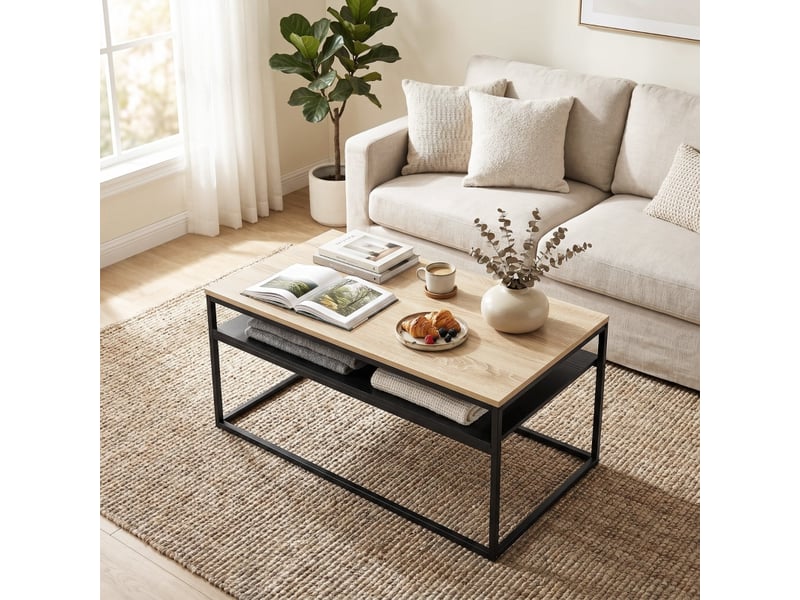  Table basse en chêne style industriel avec étagère de rangement - 100 x 59 x 47 cm, noire  - Conforama D