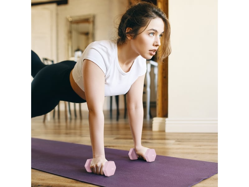 Set d'haltères 1kg 2kg 3kg en acier avec mallette, kit fitness rose pour musculation à domicile - Conforama E