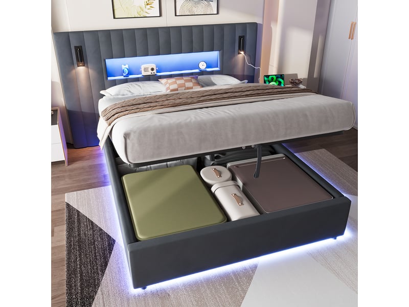  Lit coffre hydraulique ulevr 140 x 200 cm avec 2 tables de chevet, liseuses réglables led et 2 ports usb, velours gris foncégris  - Conforama B