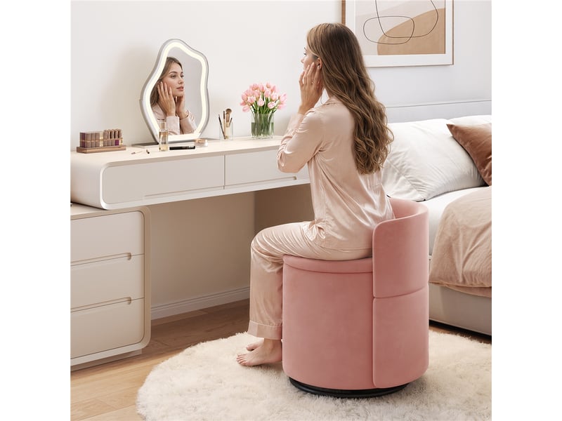 Tabouret de coiffeuse pivotant à 360° en velours rose avec coffre de 40 l et dossier ergonomique rose 594025 Pink - Conforama R