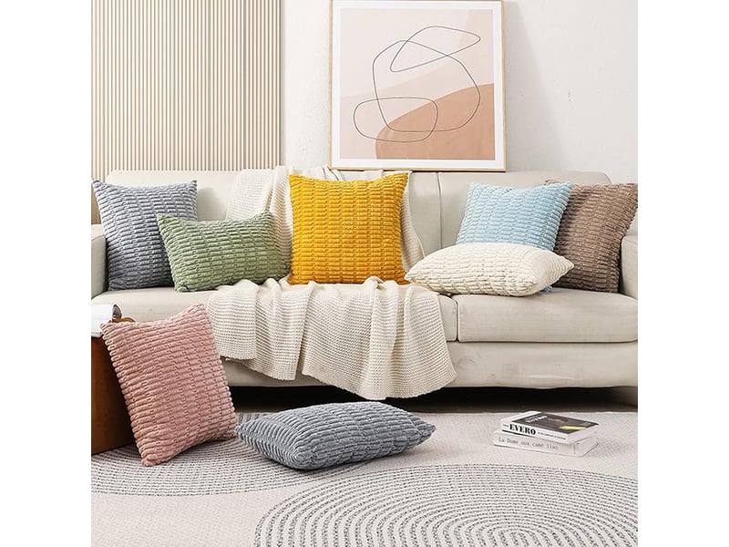  Lot de 2 housse de coussin - 45 x 45 cm lot de 2 housses de coussin décoratives douces et unies en velours côtelé à rayures pour canapé et salon bleu clair  - Conforama D