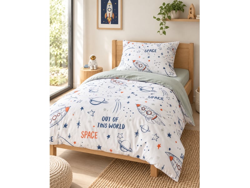  Parure de lit enfant 140 x 200 cm + 1 taie d’oreiller 100% coton imprimé galaxie 15077 - Conforama A