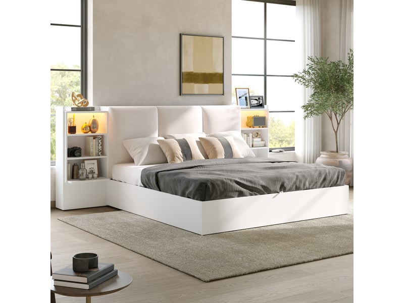  Lit coffre rembourrée 180x200 cm lit double avec led, rangement hydraulique, 6 compartiments, blanc evarich - Conforama E
