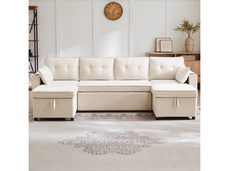  Canapés convertibles - canapé d’angle convertible avec couchage et grand coffre de rangement, 4 places avec accoudoirs porte-gobelets, coton - beige  - Conforama D