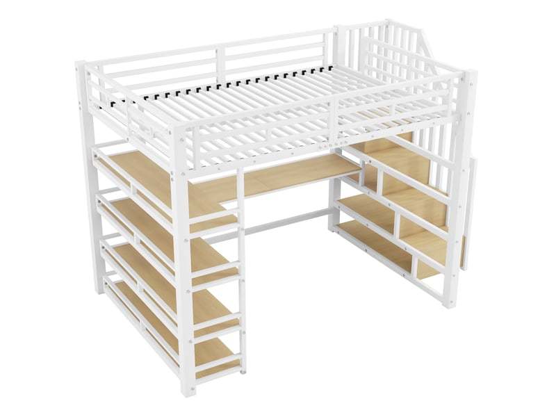  Lit mezzanine 140x200 cm avec escalier, bureau intégré, led et usb blanc  - Conforama B