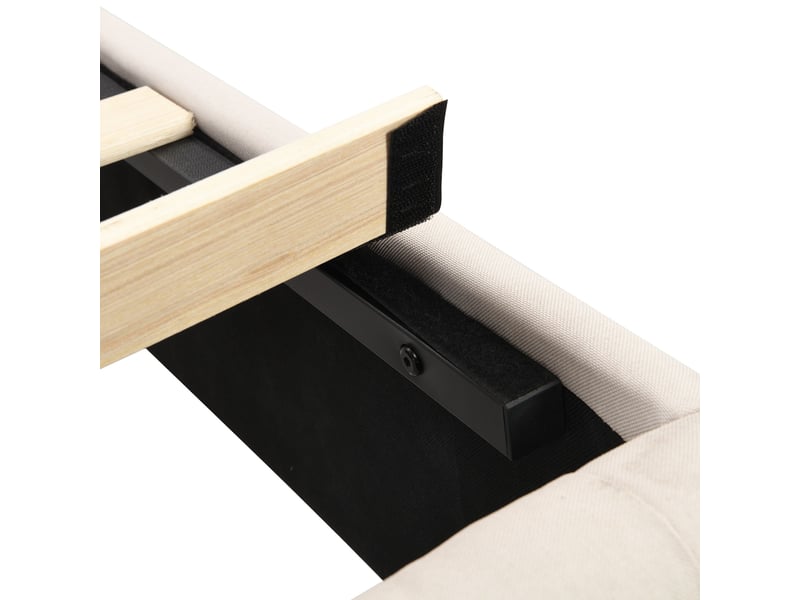 Lit 180x200 cm rembourré avec tête de lit capitonnée, revêtement lin beige, boutons et clous décoratifs, pieds en bois - Conforama E