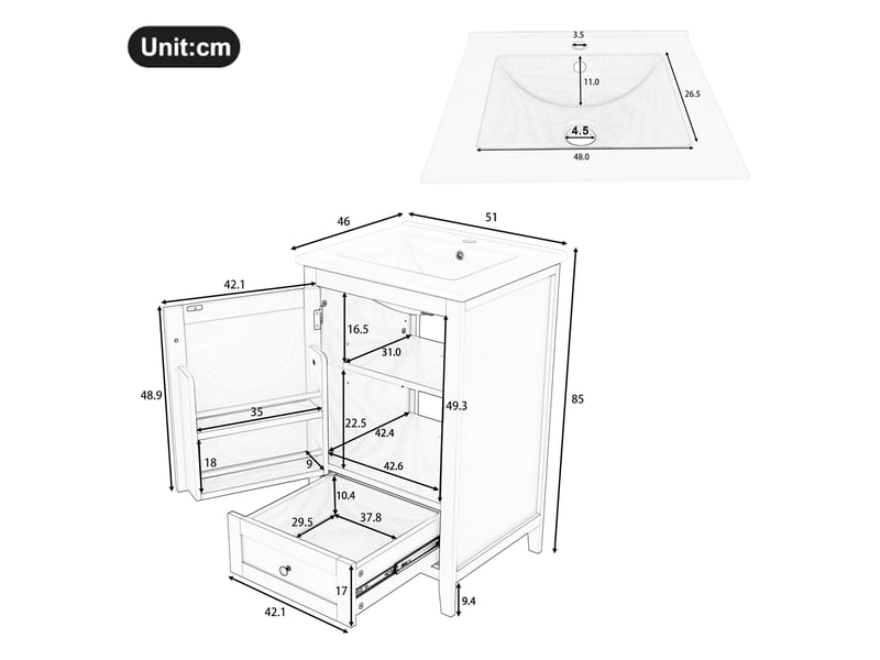 Meuble vasque salle de bain blanc 51 cm avec lavabo céramique, tiroir silencieux et étagère réglable - Conforama C