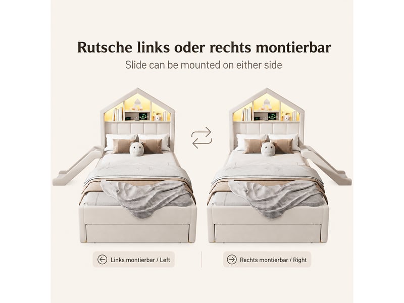  Lit enfant 90x200 en velours avec toboggan,led,chargeur, rangement tête de lit, grand coffre,cadre de lit cabane,beige  - Conforama E