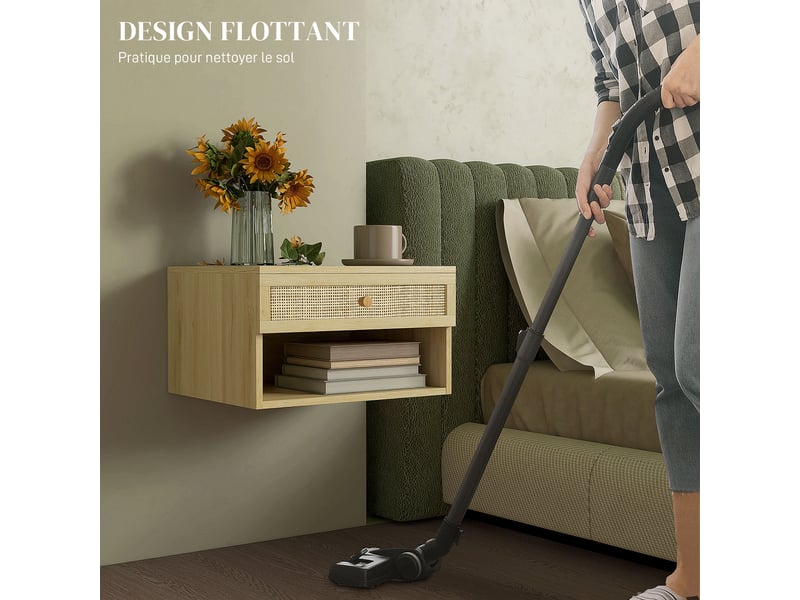  Lot de 2 tables de chevet murales tiroir coulissant, plateau - en bois dim. 40l x 34l x 23h cm, niche  - Conforama E