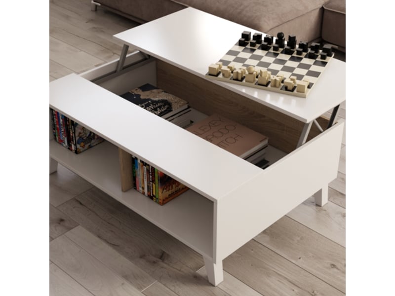  Table basse avec plateau relevable 100x68x38 cm blanc et naturel  - Conforama C