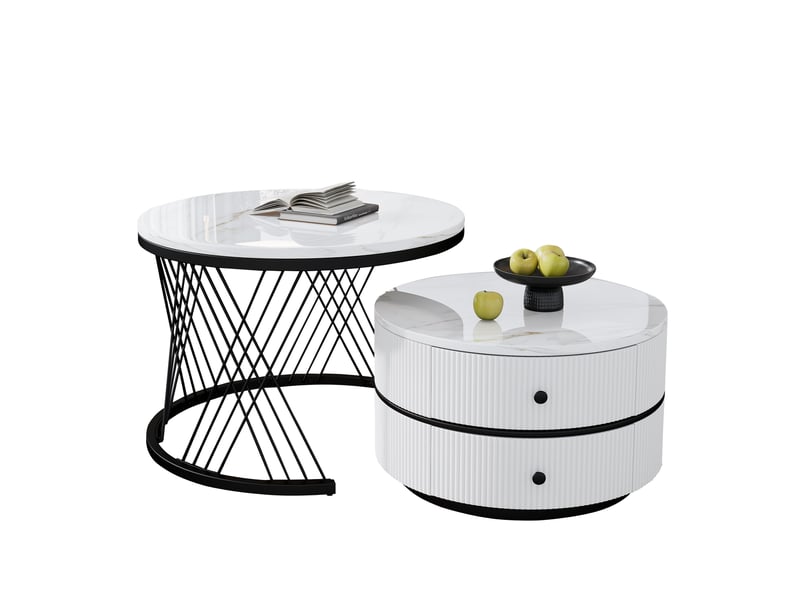  Élégant ensemble de 2 tables basses gigognes blanches, 60 x 60 x 46 cm et 50 x 50 x 31 cm, tables rondes aspect marbre brillant, 2 tiroirs, capacité de charge jusqu'à 30 kg, combinaison de tables basses gigognes  - Conforama A