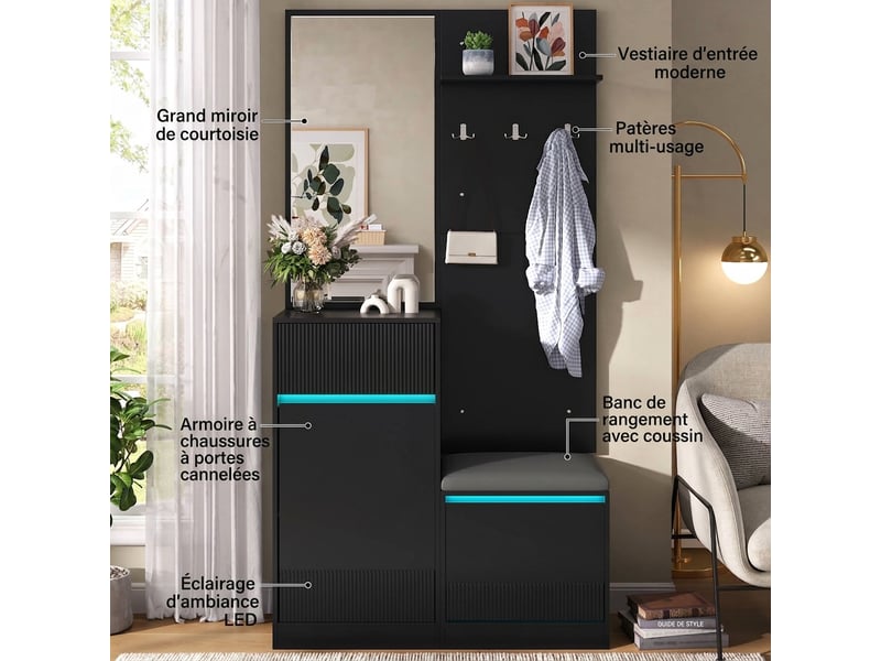 Ensemble meuble d'entrée noir avec banc à chaussures et miroir, vestiaire d'entrée moderne led 105 cm - Conforama D