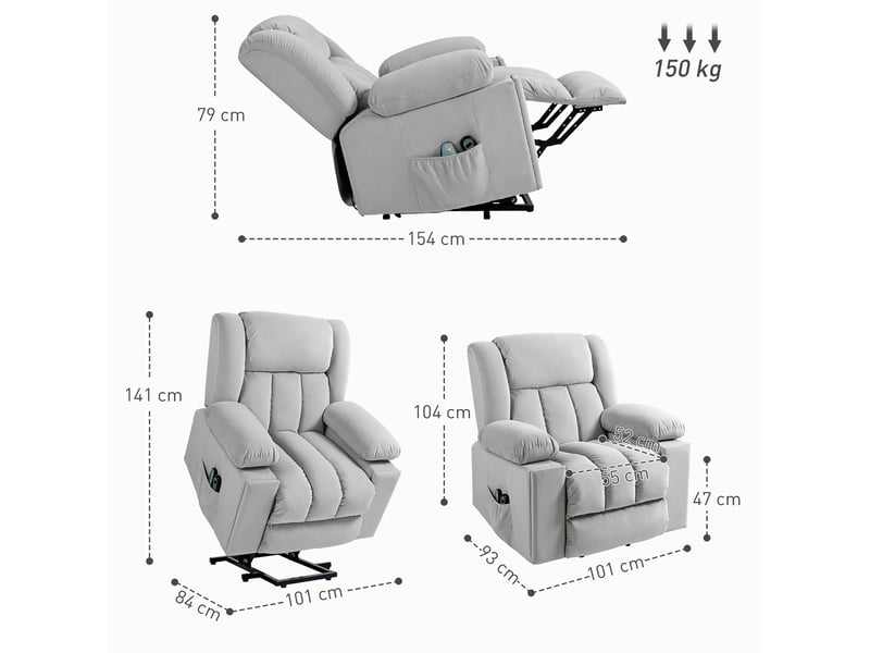  Fauteuil relax électrique avec aide au lever, massage, chauffage, velours gris clair  - Conforama C
