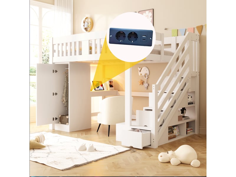  Lit mezzanine 140x200 cm, lit enfant, bureau, armoire, escalier avec rangement, barrière antichute, prise intégrée, bois blanc  - Conforama W
