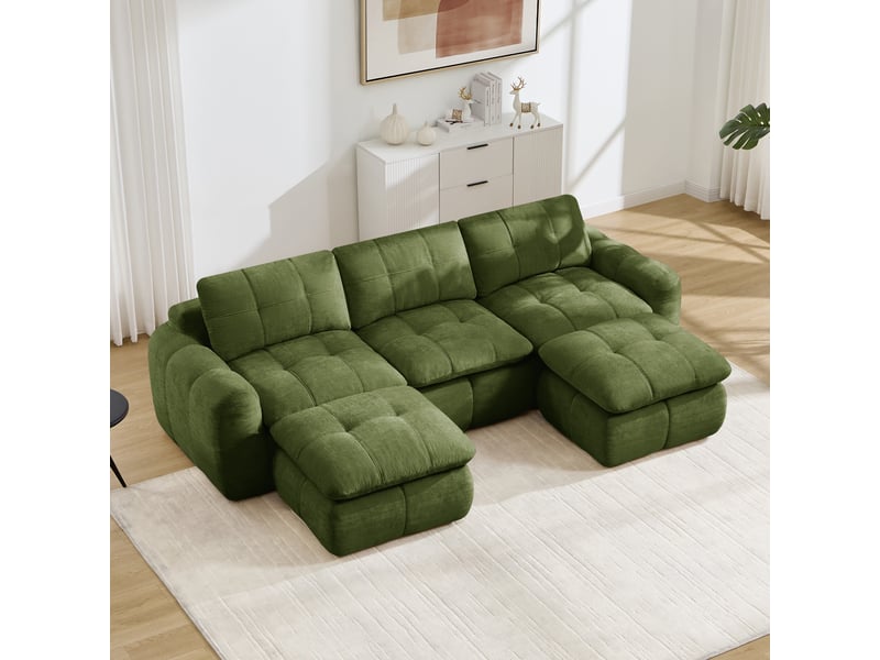 Canapé d'angle en u 3 places sans cadre, canapé modulaire, housse chenille douce, mousse 32d, sans montage, 2 poufs, vert - Conforama B