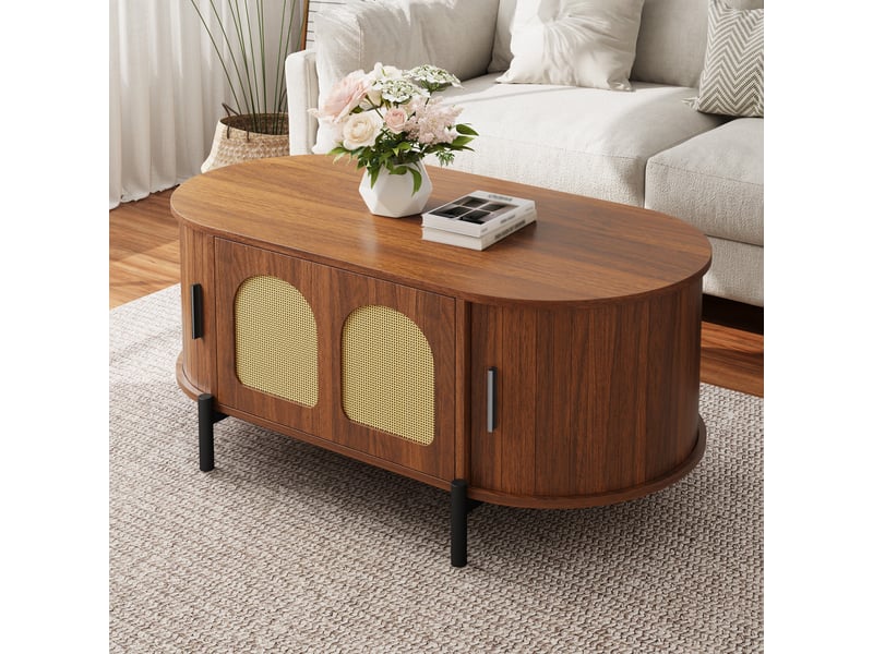  Table basse, avec rangement intégré, 100 x 50 x h 40 cm, noyer, structure en mdf, portes coulissantes, plateau ovale, style moderne, pour votre salon Luxe haut de gamme - Conforama B