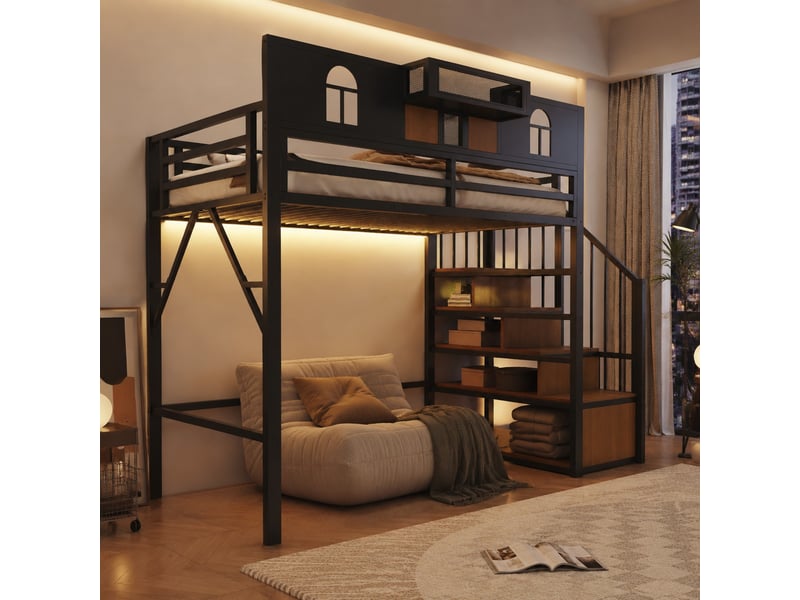  Lit mezzanine 90 × 200 cm 1 place avec escalier de rangement, éclairage et étagère, sans matelas, métal noir  - Conforama C