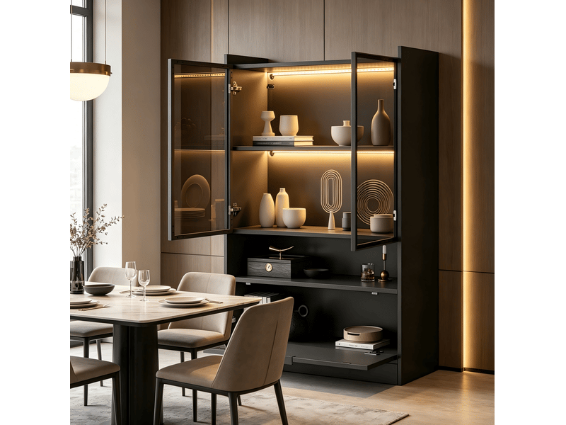  Vitrine 2 portes vitrées, abattant, éclairage led piloté par application pour salon noir mat 80 × 35 × 120 cm  - Conforama D