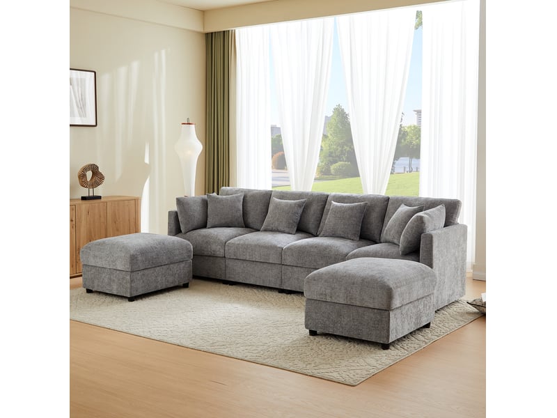  Canapé d'angle droit modulable en chenille avec accoudoirs réglables et 2 poufs, gris  - Conforama D