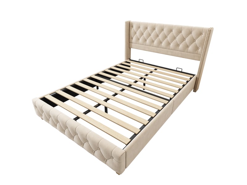  Lit capitonné 160 x 200 cm avec sommier à lattes et tête de lit, capitonnage à boutons et clous décoratifs, pieds en bois, velours, beige clair  - Conforama E