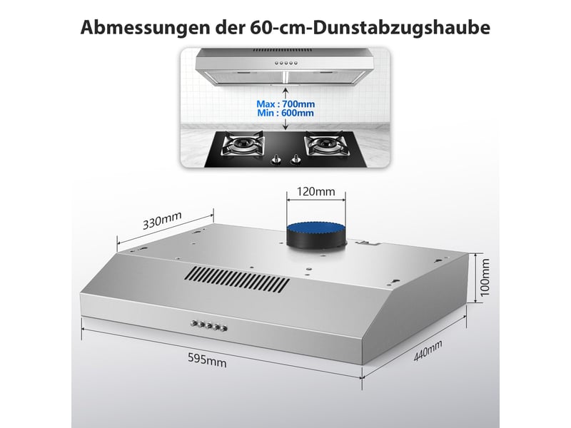 Hotte aspirante sous meuble 60 cm en acier inoxydable 430, débit 250 m³h, classe énergétique a+, 3 vitesses et éclairage led  - Conforama C